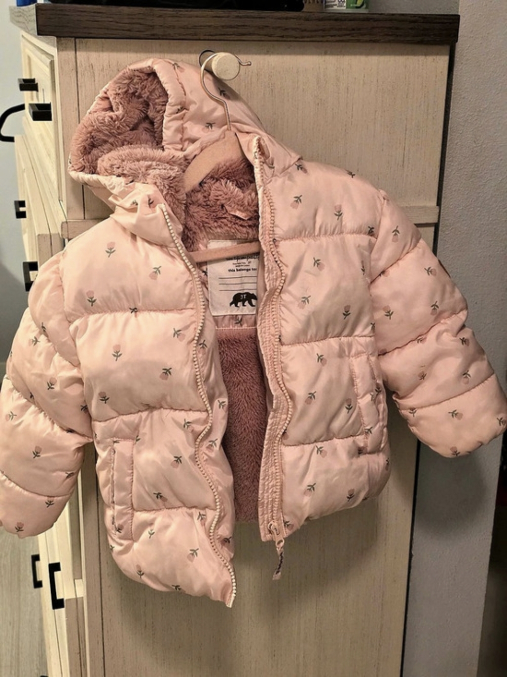 BEARPAW Girls 3T Pink Floral Puffer Jacket Fuzzy Lined Coat